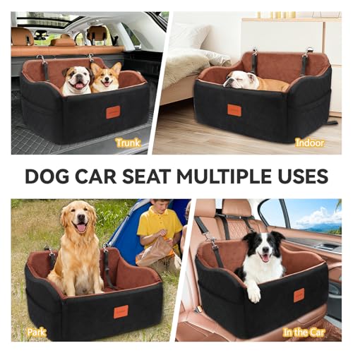 INDYBUD Dog Car Seat for Medium/Large Dogs, Memory Foam Pet Booster Seat for Under 55 lbs or 2 Small Dogs, Detachable Dog Car Bed for Backseat with 2 Safety Leashes and Pockets(Black/Brown, Large)