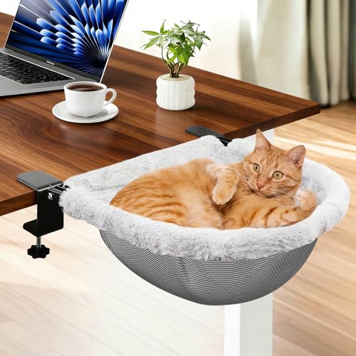 JinxZap X-Large Cat Desk Bed | 19"x15" Spacious Retreat, Dual Clamps & Sunken Hammock Design, Comfy Cat Desk Hammock with Faux Rabbit Fur Cover, Removable & Washable, Holds Up to 40lbs