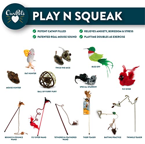 OurPet's Play-N-Squeak Teathered & Feathered Play Wand Cat Toy, for All Breed Sizes