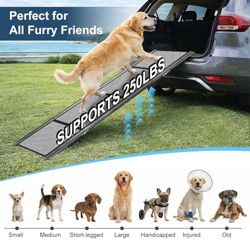 Dog Ramp for Cars 71"Long x 20"Wide SUV & Trucks, Non-Slip Surface Aluminum Pet Ramps for Small & Large Dogs–Heavy Duty Foldable Lightweight Portable Ramp for Senior Dogs High Bed Couch Outdoor 250lbs
