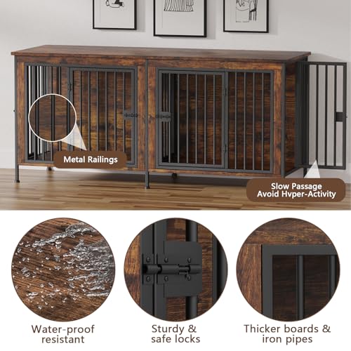 EasyCom Dog Crate Furniture for 1 or 2 Dogs, Heavy Duty Single/Double Dog Crates for Small/Medium/Large Dogs, Dog Kennel Furniture Indoor as TV Stand, Large Size 78.74" L(35-60 Pounds), Brown