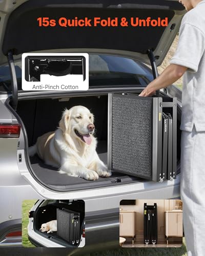 VEVOR Dog Ramp for Cars, 63" L x 17" W, Folding Pet Ramps for Medium & Large Dogs up to 250lbs, Pet Stair Ramp with Non-Slip Felt Rug Surface, Portable Outdoor Dog Car Ramps for SUV & Truck