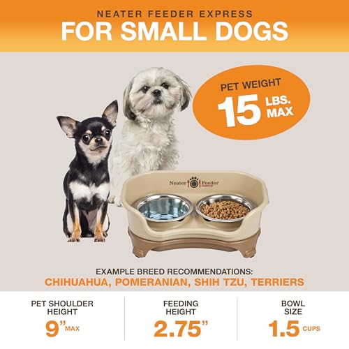 Neater Feeder Express Mess Proof Dog Bowls Elevated for Small Breeds under 15 Lb, Made in USA, No Spill Raised Dog Food Bowl Stand, Stainless Steel Food and Water Bowl Set, Feeding Station, Cappuccino