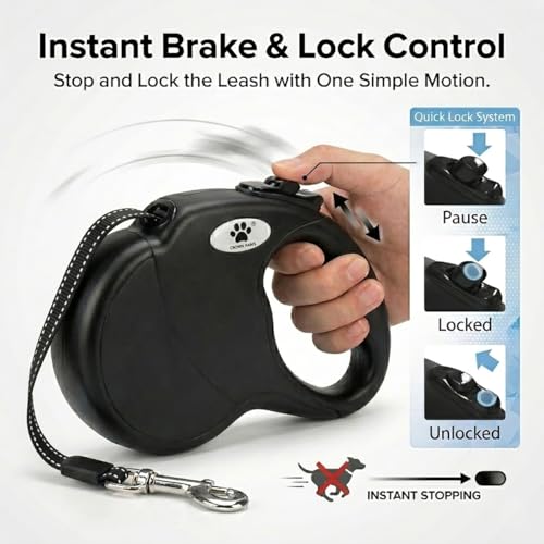 CROWN PAWS 16ft Retractable Dog Leash for Large Breed Dogs up to 110 lbs with a Detachable Chew Proof Extender Wire Ropes (Black L)