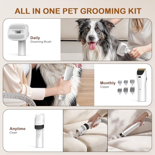 Ozumek Dog Grooming Vacuum, Dog Grooming Kit, 3 Suction Modes Dog Brush Vacuum with 5 Pet Grooming Tools (Alabaster)