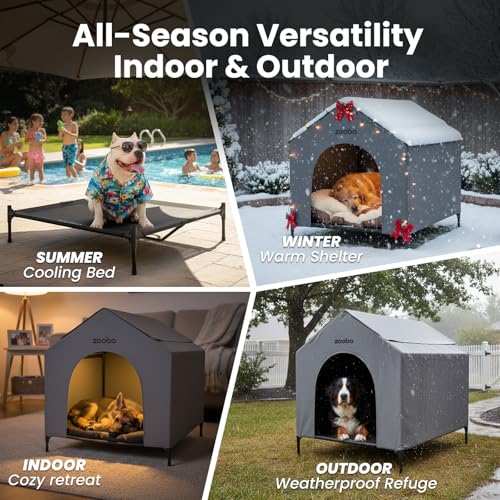 Zooba 42” Outdoor Dog House for Large Breeds, Durable Large Dog Shelter with Weatherproof 600D PVC Canopy, Breathable 2x1 Textilene Fabric Elevated Dog Bed, XL Dog Kennel for Outside Use