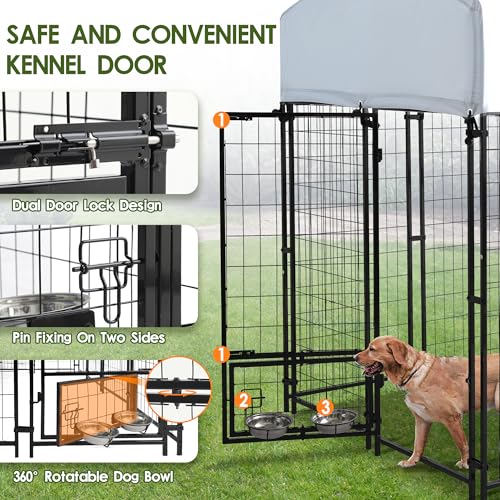 TOBYUL 8x4x6 FT Dog Kennel Outdoor for Large Dogs,Dog Enclosure Dog Cage Pet House with UV-Resistant Waterproof Cover,Double Safety Locks,Rotating Feeding Bowls (8FT*4FT)