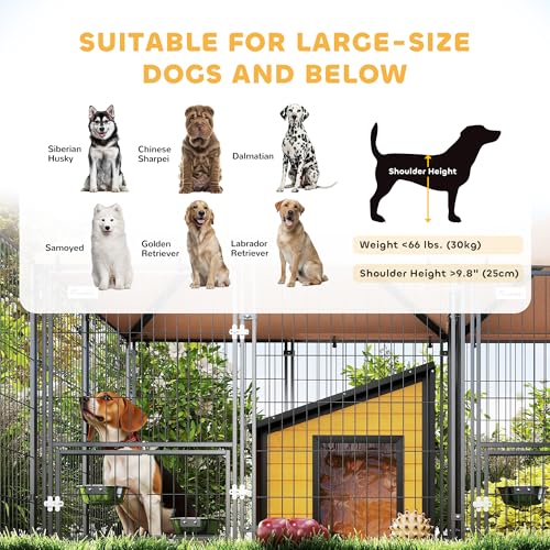 PawHut Dog Kennel Outside with 2 Rooms, Large Outdoor Dog Kennel Run for Large Breeds, Chickens, Ducks, with Rotating and Adjustable Height Bowls, Waterproof UV-Resistant Canopy, 13.5' x 9.5' x 5'