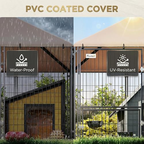 PawHut Dog Kennel Outside with 2 Rooms, Large Outdoor Dog Kennel Run for Large Breeds, Chickens, Ducks, with Rotating and Adjustable Height Bowls, Waterproof UV-Resistant Canopy, 13.5' x 9.5' x 5'