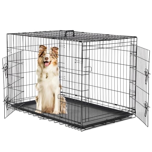 Sweetcrispy 42 Inch Dog Crate, Medium Large Crates Double Door Folding Metal Wire Dog Cage with Plastic Leak-Proof Pan Tray, Pet Kennel for Indoor, Outdoor, Travel