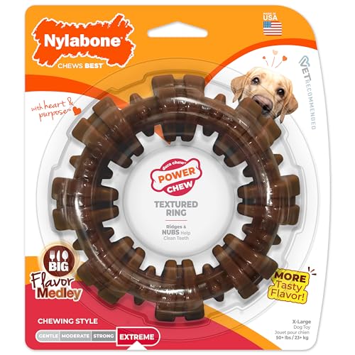 Nylabone Textured Ring Power Chew Toy for Large Dogs, Durable Dog Toys for Aggressive Chewers, Strong Dog Chew Bones To Keep Them Busy, Flavor Medley, X-Large - 50+ lbs, 1 Count