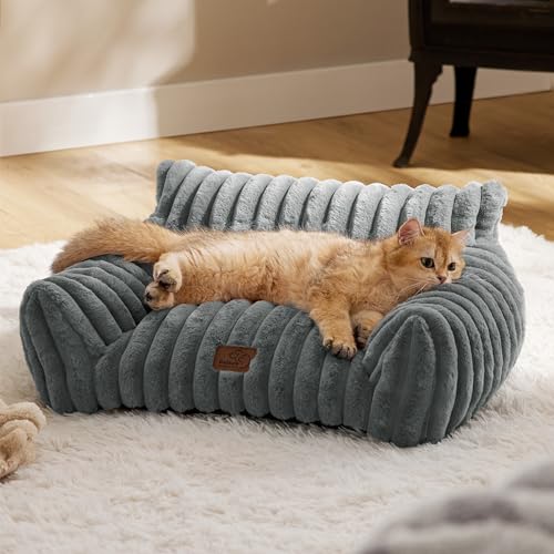 Bedsure ComfyFleece Cat Couch for Pets - Fluffy Cat Sofa with Premium Soft Corduroy Fleece, Fluffy Pet Couch Bed with Removable Washable Cover, Supportive Pet Chair for Indoor Cats, 24inch, Warm Grey