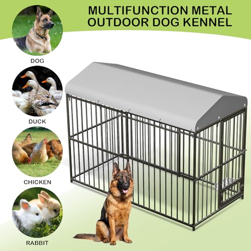 8x4x6FT Large Outdoor Dog Kennel, Heavy Duty Dog Cage with Waterproof Roof & Bowls, Dog Enclosure for Medium & Large Dogs
