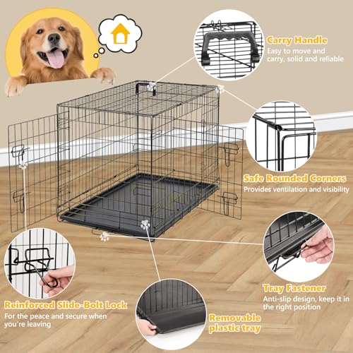 Aidoly Dog Crate - Medium 36 Inch Double Door Portable Dog Cage, Metal Wire Pet Kennel with Secure Lock, Leak-Proof Pan Tray, Foldable Design for Dogs Pets Indoor Training and Outdoor Travel
