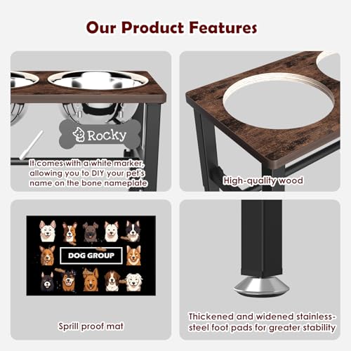 SHAINFUN Elevated Dog Bowls with Slow Feeder & Mat for Medium and Large Dogs, 12" Tall Adjustable Wooden & Metal Raised Dog Bowl Stand, 2 Stainless Steel 58oz Bowls for Food & Water