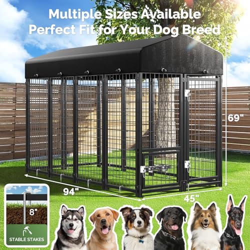 Sino Luban Outdoor Dog Kennel Outside Run with Doggy Door, Swivel Feeder&Roof - 8x4x6FT Large Dog Kennels Pens Outside for Large Dogs Breed- Heavy Duty Cage Yard (Can Connect to Your Dog House)
