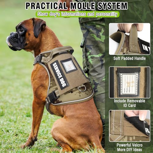MOOGROU Tactical Dog Harness and Leash Set for Large Dogs,Heavy Duty No Pull Service Dog Vest and 10 Patches with Dog Seat Belt,Reflective Adjustable Pet Harness for Training Walking Hiking Camo L