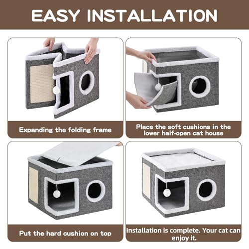 Crispedia Cat Beds for Indoor Cats, Large Cat Cave with Fluffy Ball and Scratch Pad, Foldable Cat Scratch House with Hideaway Condo for Kitten,16x16x13inch,Grey