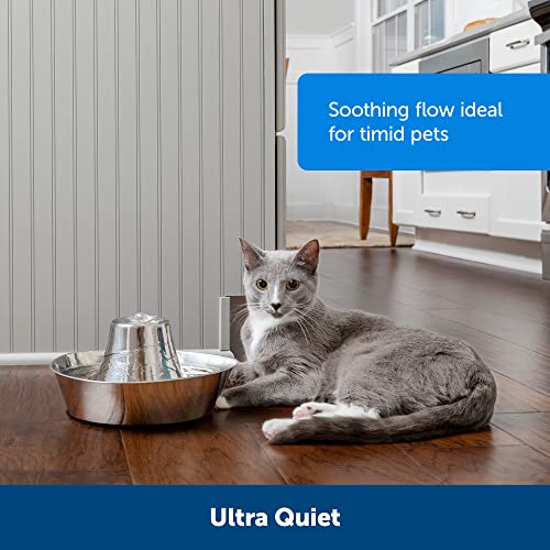 PetSafe Seaside Stainless Steel Cat & Dog Fountain, 60 Oz Water Capacity - 2 Water Filters & 1 Pump Included, Soothing Flow for Pets, Scratch-and Rust-Resistant Material - Quiet Motor