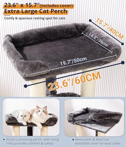Happi N Pets 28" Cat Tree, Large Bed for Big Cats, Small Cat Tower with Soft Perch for Window Viewing, Stable Cat Tree Tower, Cat Scratching Post with Hammock, Removable Cover-Gray
