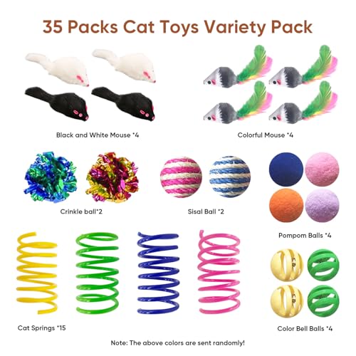 AGYM Cat Toys for Indoor Cats, 35 Packs Interactive Cat Toys Set with Colorful Springs, Mouse Cat Toy, Crinkle, Sisal, Pompom and Color Bell Balls for Kitten Toys