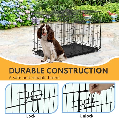 FDW Dog Crate Dog Kennel Cage with Double Door,36 inch Folding Metal Wire Dog Cage with Removable Tray&Divider Panel,Pet Crate for Medium Dogs,Black