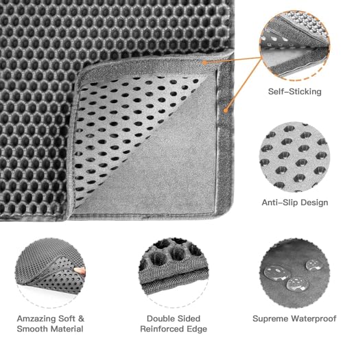 Cat Litter Mat-30"X24" Jumbo Litter Trapping Mat EVA Honeycomb,Urine & Waterproof Scatter Control Matt for Cat With Handle Design Easier To Clean, Less Waste, Soft On Paws, Gray