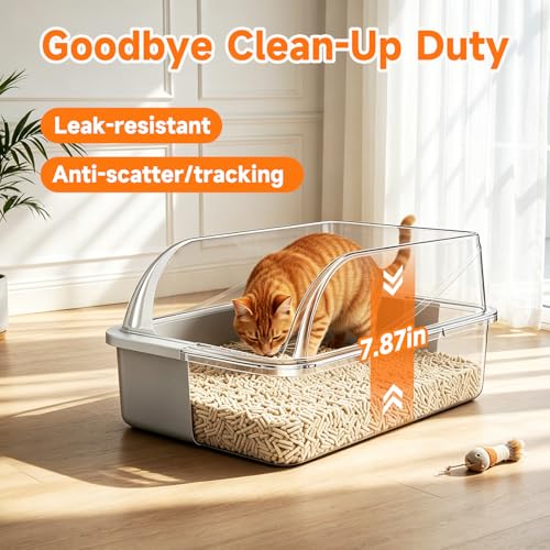 OneBug Stainless Steel High Sides Cat Litter Box with Scoop, Open Top Litter Pan for Indoor Cats, Easy to Clean, Reduced Litter Scatter, Medium