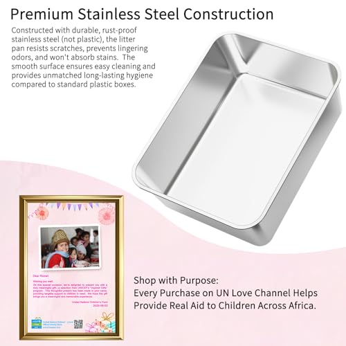 RIZZARI Pink Open-Top Cat Litter Box with Stainless Steel Pan - Extra-Large, Non-Porous & Easy Clean, High Sides Anti-Scatter, Includes Scoop, for Apartment Bathroom or Laundry Room