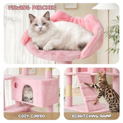 MoNiBloom 54 Inch Cat Tree Tower for Indoor Cats Large Adults, Pink Cat Tower with Scratching Post, Multi-Level Furniture Activity Center with Cat Condo Pet Play House, Soft Pink