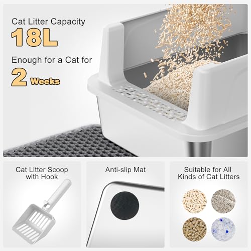 FURTIME Stainless Steel Cat Litter Box with Lid, Metal Kitty Litter Box for Small Cats, Kitten Litter Boxs with Scoop and Mat, Non-Sticky, Anti-Leakage, Easy to Clean, 17"x13"x8.4" (Small)