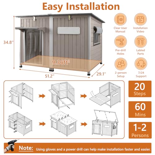 Ketive 55"L Dog House Outdoor Large Breed Extra XL Wooden Dog House with Weatherproof Asphalt Roof, All-Around Iron Frame, Removable Floor, Openable Top Roof, Air Vents Window for Medium to Large Dogs