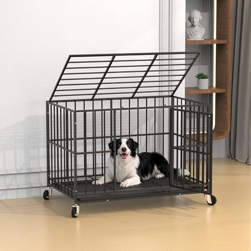 Docagt 48 Inch Heavy Duty Dog Crate Steel Escape Proof, Indoor Double Door High Anxiety Cage, Removable Tray, Large Dog Kennel with Wheels, XL XXL