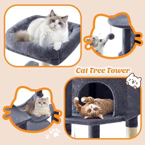 Sweetcrispy 44 Inch Cat Tree Tower, Cat Climbing Tower with Natural Sisal Scratching Posts, Hammock, Pet Condo for Indoor Cats and Kittens Play, Dark Grey