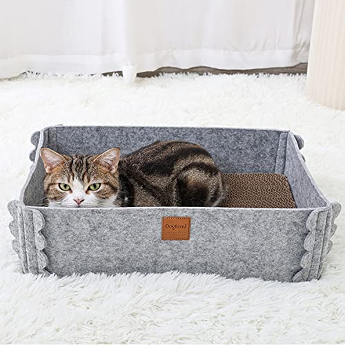 TIGOADT Felt Cat Scratcher Lounge Box with Removable Cardboard,Rectangular Cat Bed with Corrugated Board, Pet Scratching Pad for Furniture Protection, Training Toy (Gray)