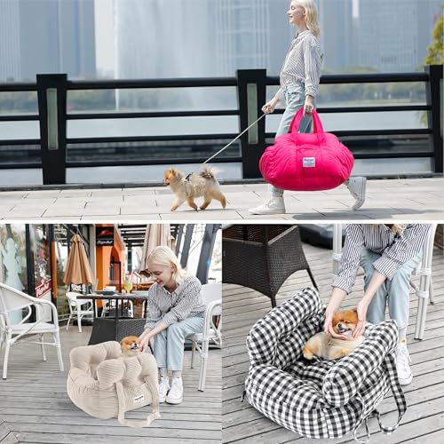 PETNEX Dog Car Seat for Small Dogs, Portable Puppy Car Seat of Easy Installation, Fashionable Pet Carrier Bag with Large Pockets, Machine Washable Dog Booster Seat (Striped Khaki)
