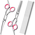 FAIGEO Dog Grooming Scissors with Safety Round Tips Stainless Steel Professional Dog Grooming Kit - Thinning, Curved Scissors and Comb for Cat Pet (Pink 4 in 1)