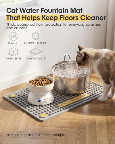Tomxcute Non-Absorbent Cat Water Fountain Mat, 19.7" x 14.2" Extra Thick Waterproof Pet Feeding Mat, Heavy-Duty PVC Floor Protector for Active Drinkers, Raised Edge Tray for Food and Water Bowls, Grey