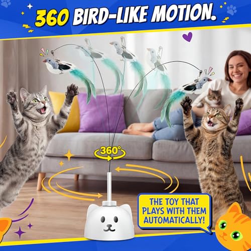 CATPICK Interactive Cat Toys for Indoor Cats - Automatic Flying Bird Feather Toy, Rechargeable Electric Cat Wand with Sticky Suction Base, Smart Motion Activated Self-Play Enrichment Toy for Bored Cat