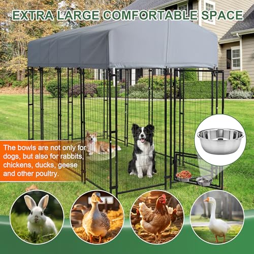 GIODIR 8x4x6 FT Outdoor Dog Kennels for Large Dogs, Heavy Duty Welded Wire Steel Outside Dog Kennel with Roof, Dog Pens with 2 Rotating Dog Bowls, Dog Playpen Fence with Secure Lock for Backyard