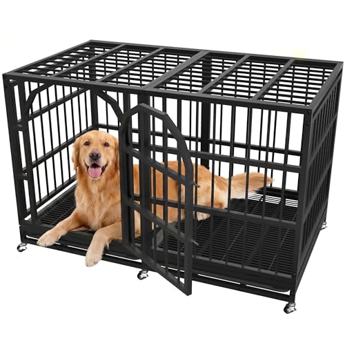 48 Inch Heavy Duty Dog Crate Indestructible Dog Kennel Large Indoor Escape Proof Big Cage for High Anxiety Large Dogs with Wheels, Locks and Removable Trays