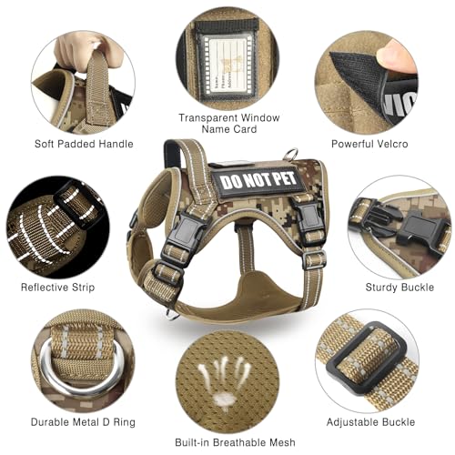 MOOGROU Tactical Dog Harness and Leash Set for Large Dogs,Heavy Duty No Pull Service Dog Vest and 10 Patches with Dog Seat Belt,Reflective Adjustable Pet Harness for Training Walking Hiking Camo L