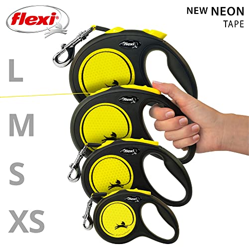FLEXI New Neon Tape Retractable Dog Leashes for Large Dogs Upto 110 lbs. – 16 ft., Neon Yellow/Black | Tangle Free Pet Walking Leash with One-Handed Brake, Pause, Lock|German Quality Product