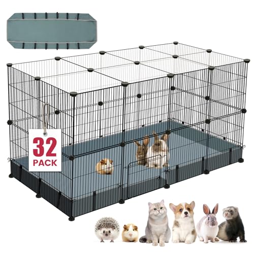32 Panels Small Animal Playpen,47.5" x 23.7" x 31.5" Pet Playpen with Upgrade Waterproof Mat,C&C Cage for Guinea Pigs, Rabbit/Bunny Cage, Bunny/Puppy Play Pen, Indoor Outdoor Portable Metal Fence