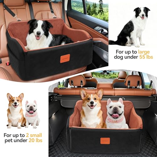 INDYBUD Dog Car Seat for Medium/Large Dogs, Memory Foam Pet Booster Seat for Under 55 lbs or 2 Small Dogs, Detachable Dog Car Bed for Backseat with 2 Safety Leashes and Pockets(Black/Brown, Large)