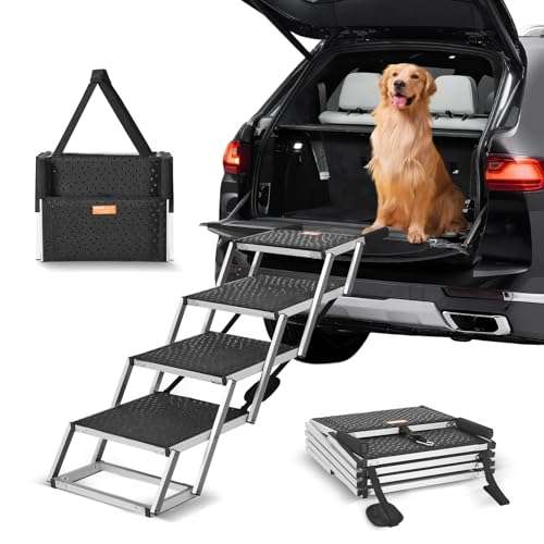 VEVOR 4-Step Dog Car Steps, Folding Dog Ramp with Nonslip Surface, Portable Pet Steps in Aluminum for Car, SUV and Truck, Supports up to 250 lbs