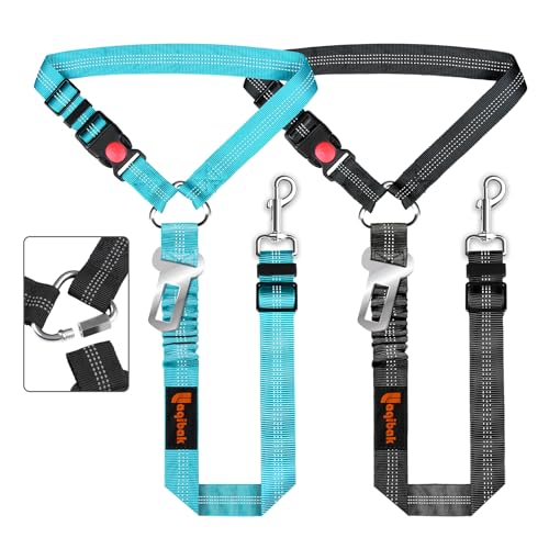 Removable Dog Seat Belt Harness for Car, 3 in 1 Pet Dog Car Seatbelt Leash, Retractable Restraint Secures to Vehicle Headrest & Adjustable Reflective Bungee Dog Seatbelt Tether, Blue and Black