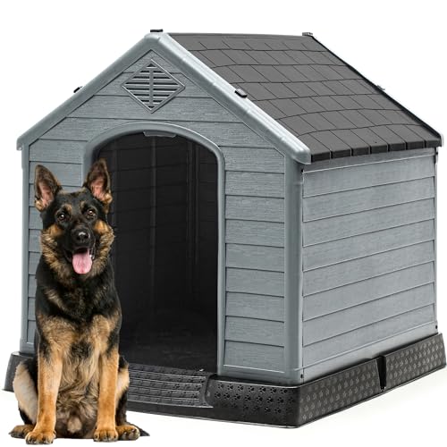 DWVO Spacious Plastic Dog Shelter, Weatherproof Outdoor/Indoor Doghouse, Puppy Kennel with Air Vents and Elevated Floor, 41.3''L*38''W*38.8''H, Black+Gray