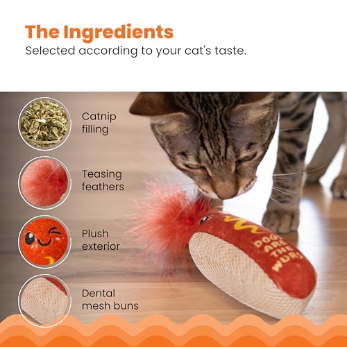 Catstages Hotdog Kicker Toy with Catnip and Dental Mesh, Hot Dog Shape, Plush and Feather Cat Toy for Kicking, Tossing, and Teeth Cleaning, Brown
