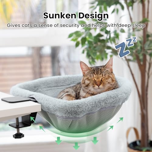 JUNSPOW Cat Desk Bed - One-Click Folding,Sunken Design & Space-Saving Semi-Circular Cat Bed, Soft Faux Rabbit Fur Material, Suitable for Various Desktops-Maximum Hold Up to 40lb